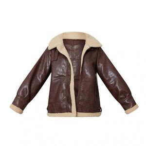 PrettyLittleThing Chocolate Faux Leather Contrast Borg Longline Aviator